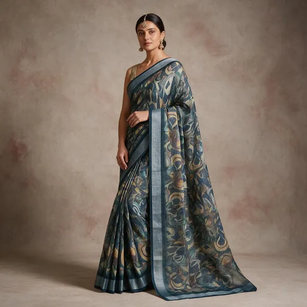 Teal_Multi_Banarasi_Linen_Cotton_Saree_with_Abstract_Mosaic_Art_Digital_Print