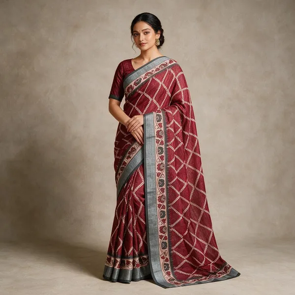 Maroon__Banarasi_Linen_Cotton_Saree_with_Elegant_Floral_Digital_Print