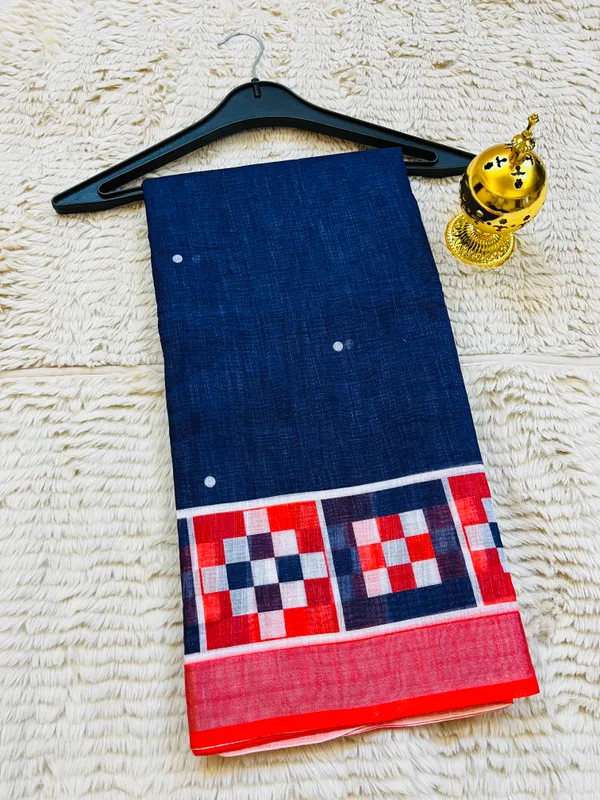 Navy_Blue_Banarasi_Linen_Cotton_Saree_with_Geometric_Ikat_Border