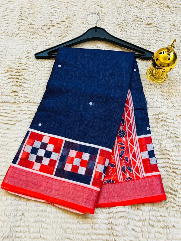 Navy_Blue_Banarasi_Linen_Cotton_Saree_with_Geometric_Ikat_Border