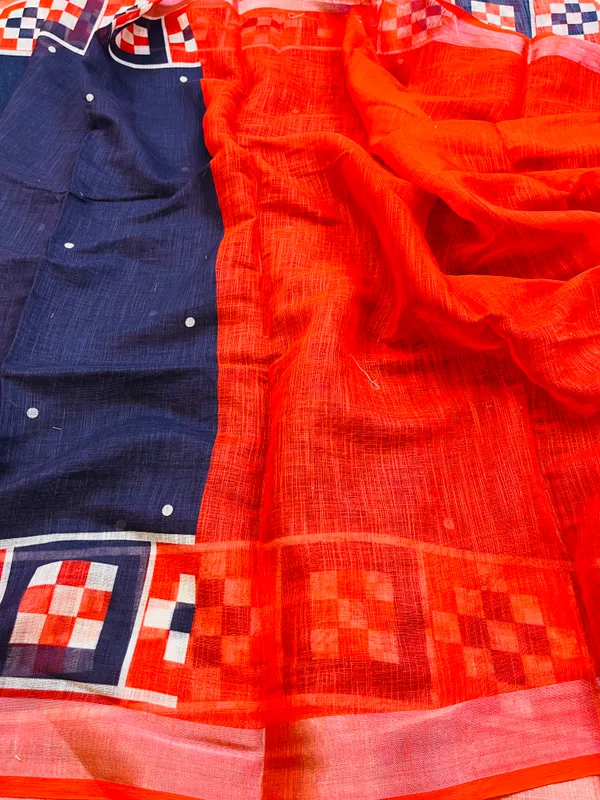 Navy_Blue_Banarasi_Linen_Cotton_Saree_with_Geometric_Ikat_Border