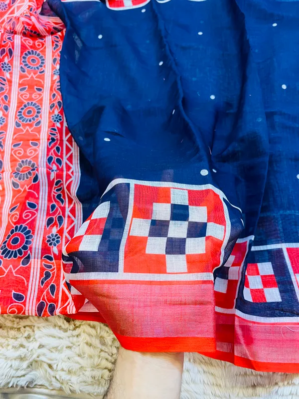 Navy_Blue_Banarasi_Linen_Cotton_Saree_with_Geometric_Ikat_Border