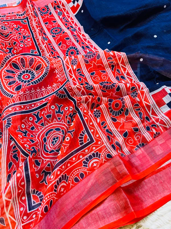 Navy_Blue_Banarasi_Linen_Cotton_Saree_with_Geometric_Ikat_Border