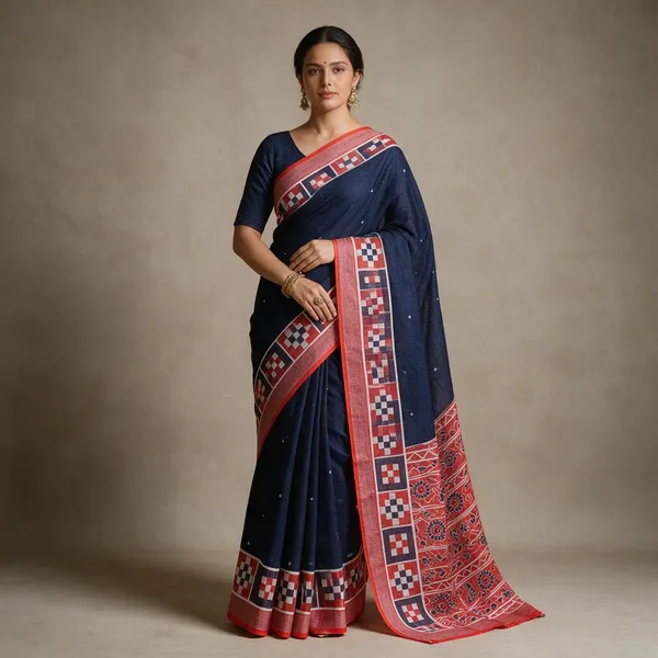 Navy_Blue_Banarasi_Linen_Cotton_Saree_with_Geometric_Ikat_Border