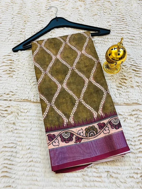 Olive_Green__Banarasi_Linen_Cotton_Saree_with_Elegant_Floral_Digital_Print