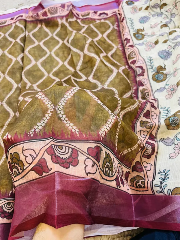 Olive_Green__Banarasi_Linen_Cotton_Saree_with_Elegant_Floral_Digital_Print
