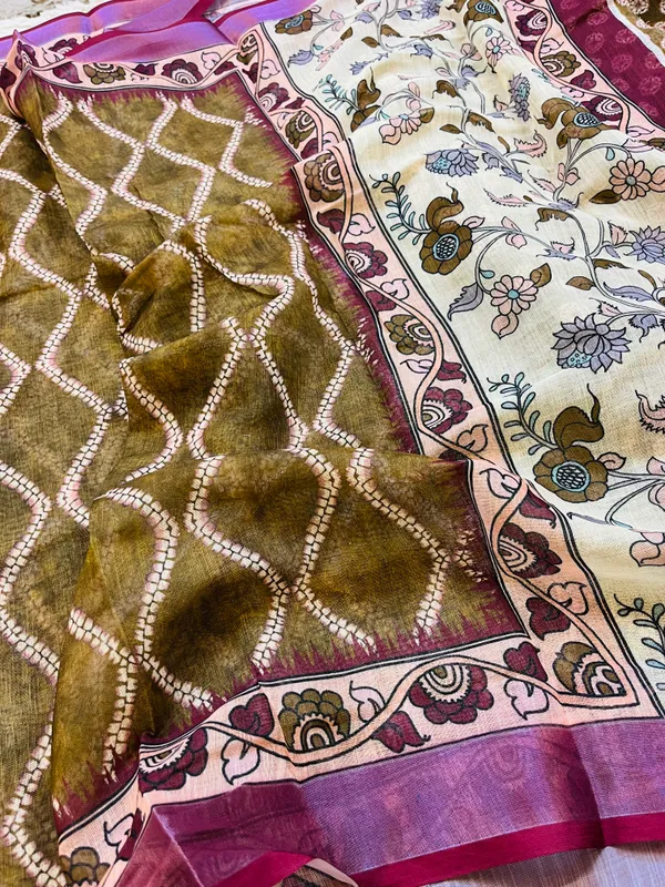 Olive_Green__Banarasi_Linen_Cotton_Saree_with_Elegant_Floral_Digital_Print