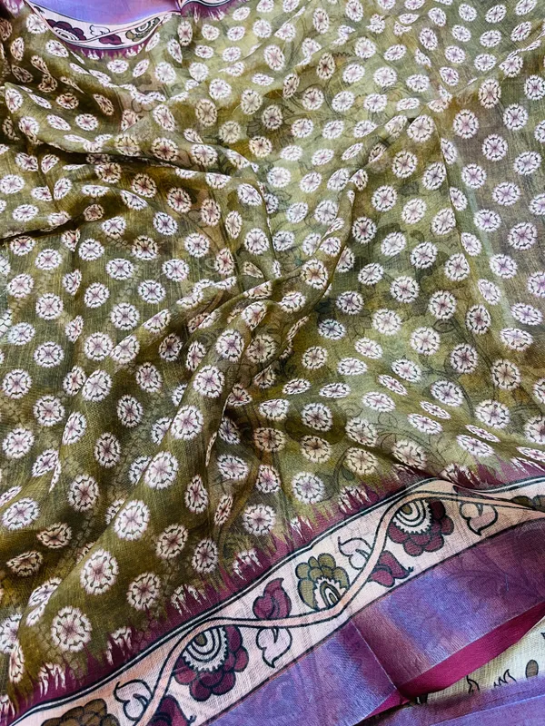Olive_Green__Banarasi_Linen_Cotton_Saree_with_Elegant_Floral_Digital_Print