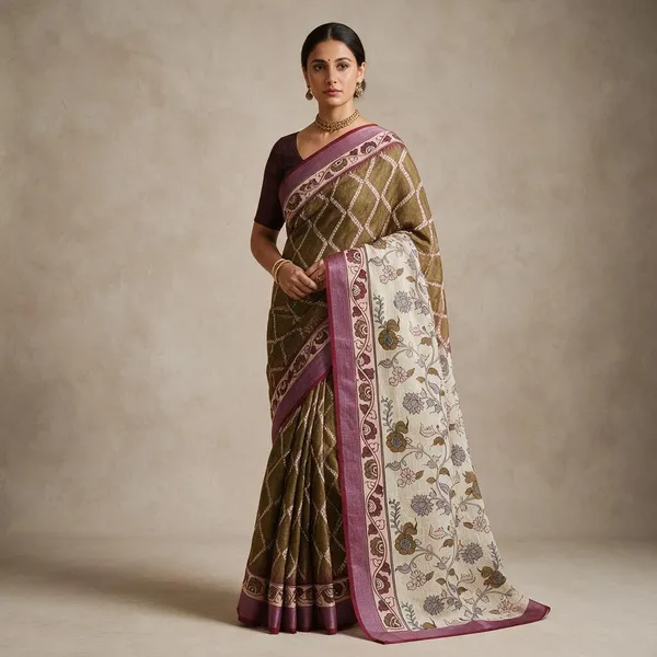 Olive_Green__Banarasi_Linen_Cotton_Saree_with_Elegant_Floral_Digital_Print