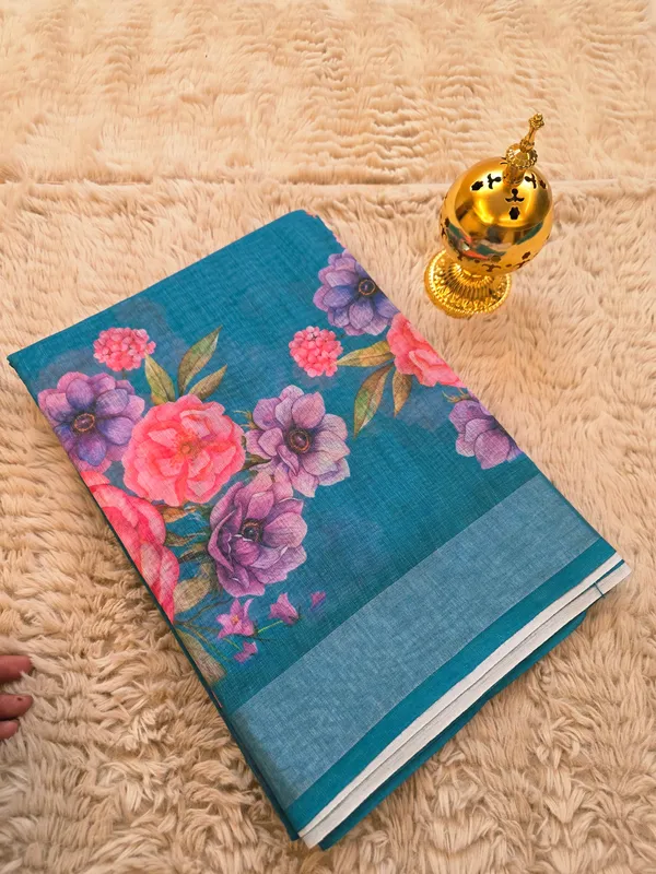 Peacock_Blue_Banarasi_Linen_Cotton_Saree_with_Elegant_Floral_Digital_Print