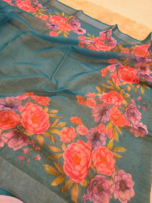 Peacock_Blue_Banarasi_Linen_Cotton_Saree_with_Elegant_Floral_Digital_Print