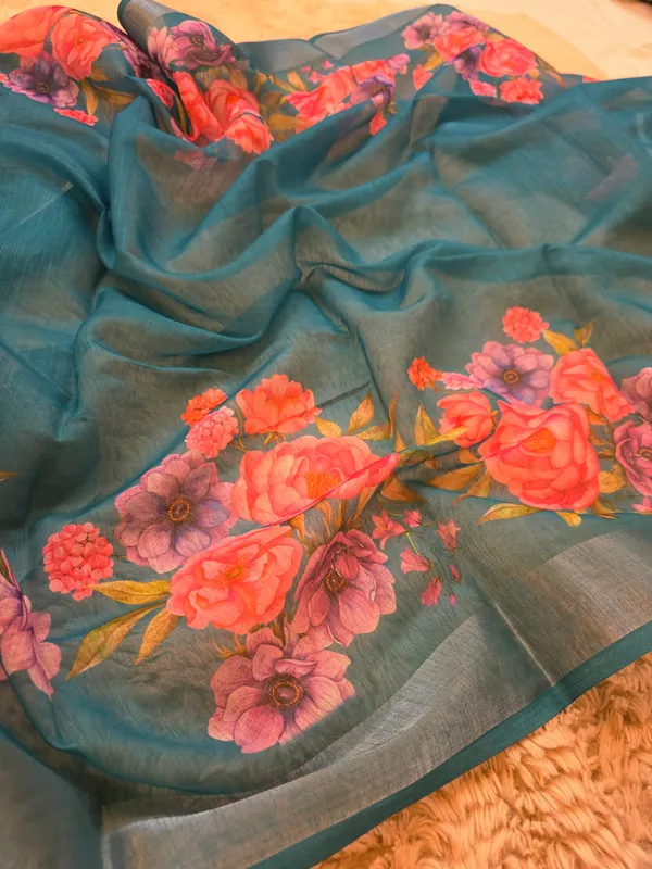 Peacock_Blue_Banarasi_Linen_Cotton_Saree_with_Elegant_Floral_Digital_Print