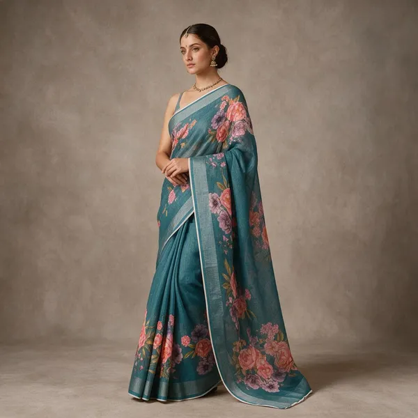 Peacock_Blue_Banarasi_Linen_Cotton_Saree_with_Elegant_Floral_Digital_Print