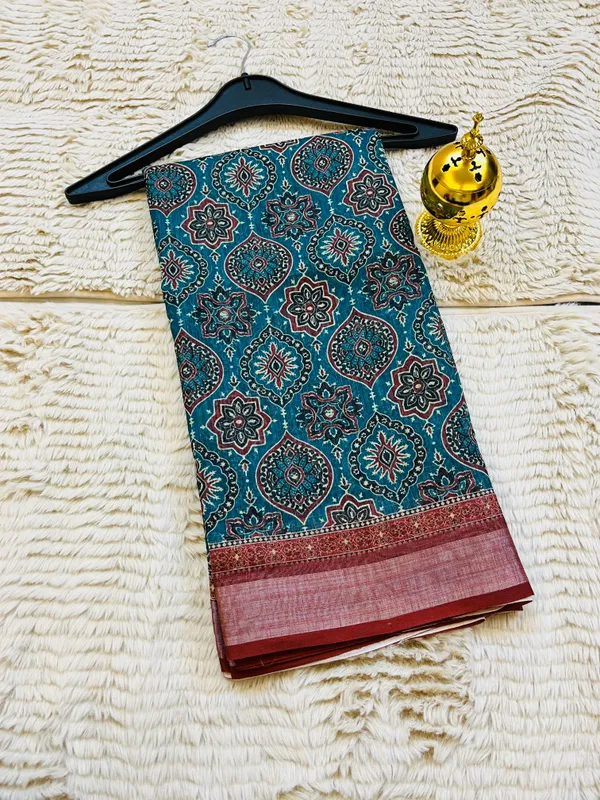 Peacock_Blue_Banarasi_Linen_Cotton_Saree_with_Elegant_Floral_Digital_Print