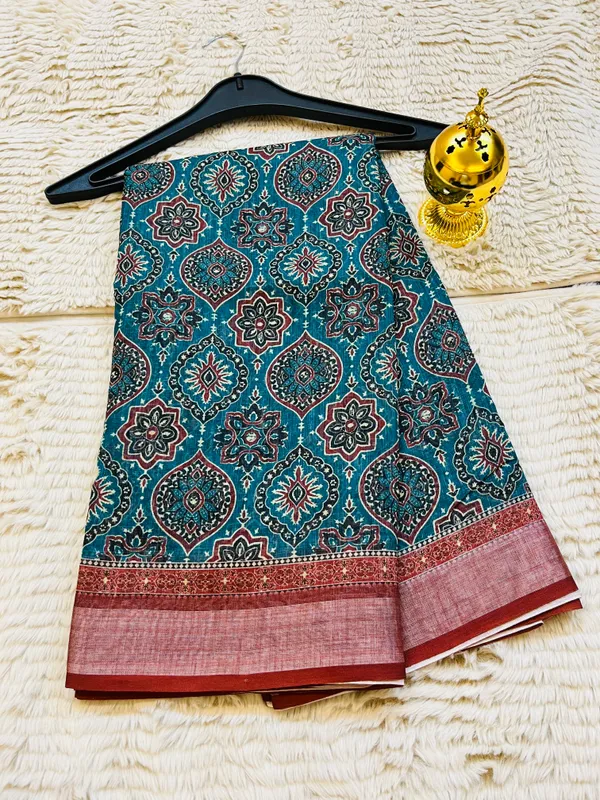 Peacock_Blue_Banarasi_Linen_Cotton_Saree_with_Elegant_Floral_Digital_Print