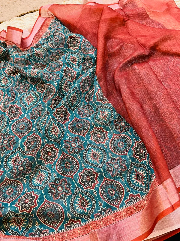 Peacock_Blue_Banarasi_Linen_Cotton_Saree_with_Elegant_Floral_Digital_Print