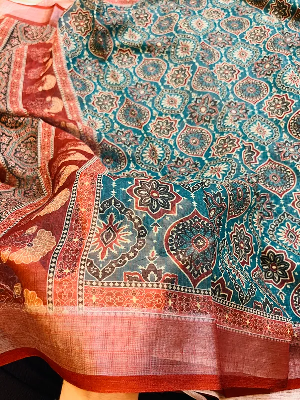 Peacock_Blue_Banarasi_Linen_Cotton_Saree_with_Elegant_Floral_Digital_Print