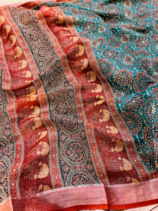 Peacock_Blue_Banarasi_Linen_Cotton_Saree_with_Elegant_Floral_Digital_Print