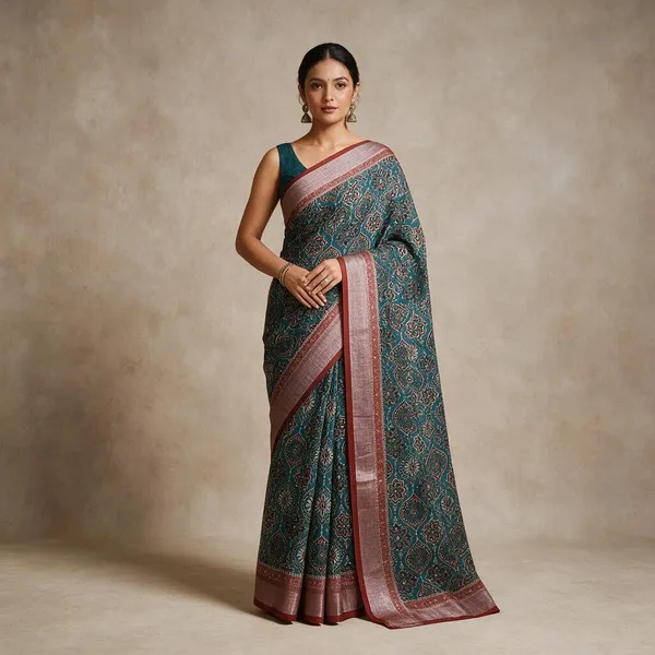 Peacock_Blue_Banarasi_Linen_Cotton_Saree_with_Elegant_Floral_Digital_Print