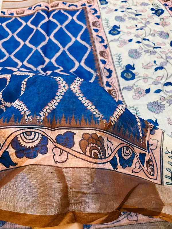 Royal_Blue__Banarasi_Linen_Cotton_Saree_with_Elegant_Floral_Digital_Print