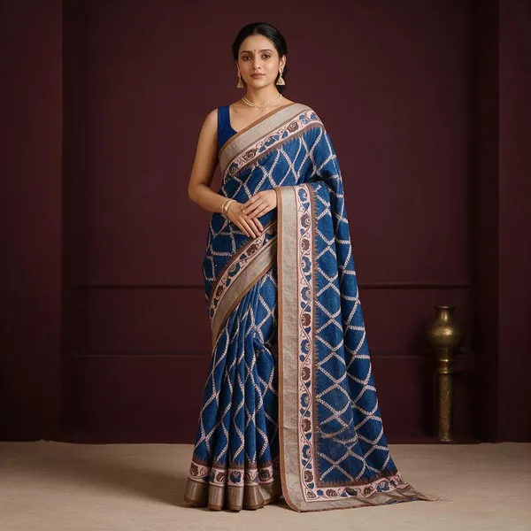 Royal_Blue__Banarasi_Linen_Cotton_Saree_with_Elegant_Floral_Digital_Print