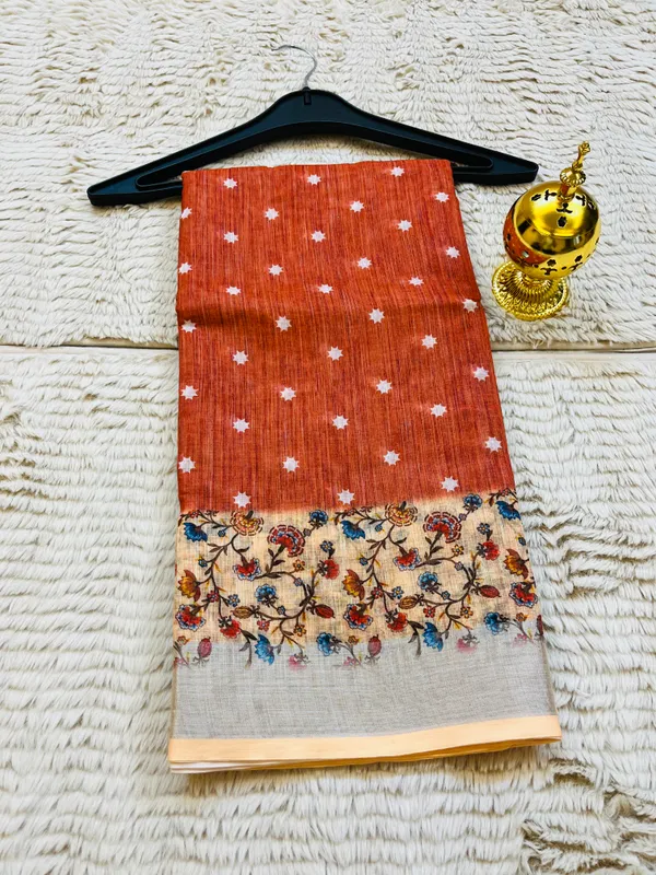 Rust_Orange_Banarasi_Linen_Cotton_Saree_with_Star_Butis_&_Floral_Kalamkari_Border