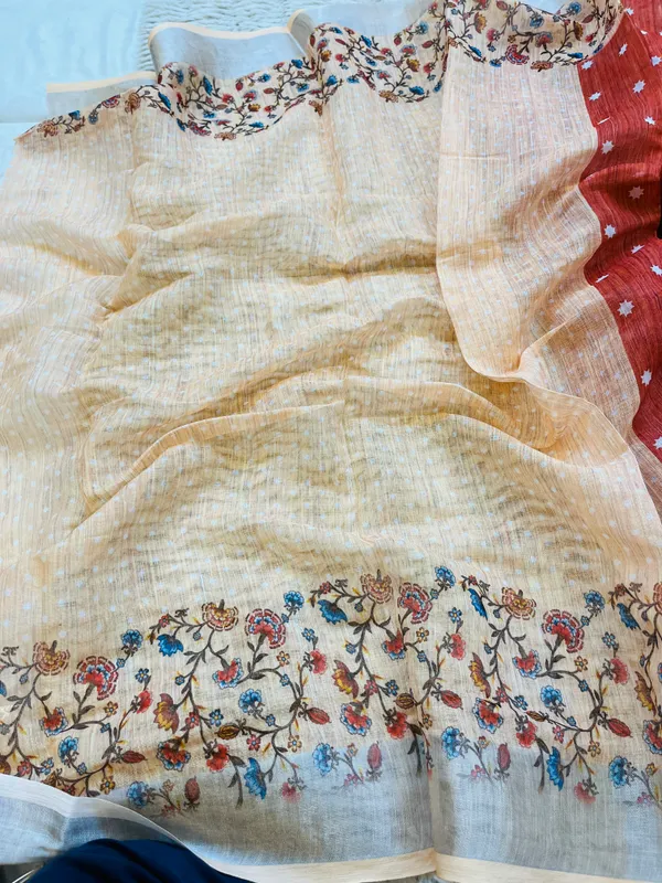 Rust_Orange_Banarasi_Linen_Cotton_Saree_with_Star_Butis_&_Floral_Kalamkari_Border