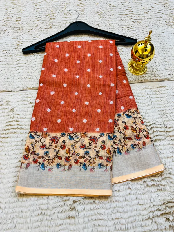 Rust_Orange_Banarasi_Linen_Cotton_Saree_with_Star_Butis_&_Floral_Kalamkari_Border
