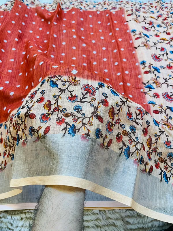 Rust_Orange_Banarasi_Linen_Cotton_Saree_with_Star_Butis_&_Floral_Kalamkari_Border