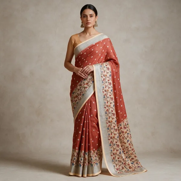 Rust_Orange_Banarasi_Linen_Cotton_Saree_with_Star_Butis_&_Floral_Kalamkari_Border