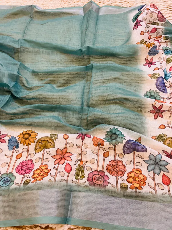 Sea_Green__Banarasi_Linen_Cotton_Saree_with_Elegant_Floral_Digital_Print