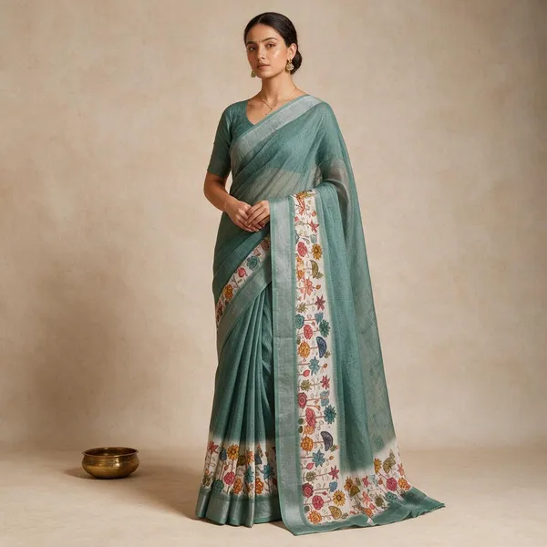 Sea_Green__Banarasi_Linen_Cotton_Saree_with_Elegant_Floral_Digital_Print
