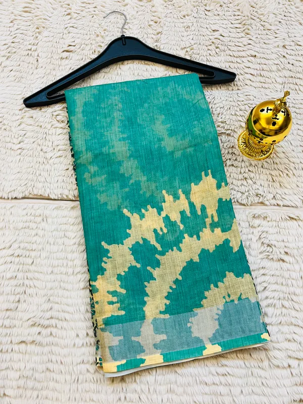Sea_Green__Banarasi_Linen_Cotton_Saree_with_Elegant_Floral_Digital_Print