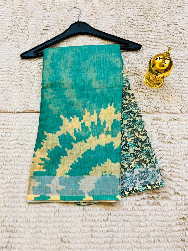 Sea_Green__Banarasi_Linen_Cotton_Saree_with_Elegant_Floral_Digital_Print