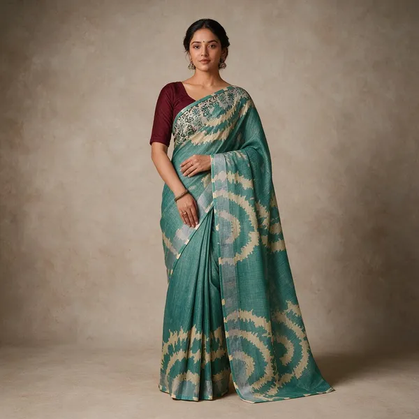 Sea_Green__Banarasi_Linen_Cotton_Saree_with_Elegant_Floral_Digital_Print