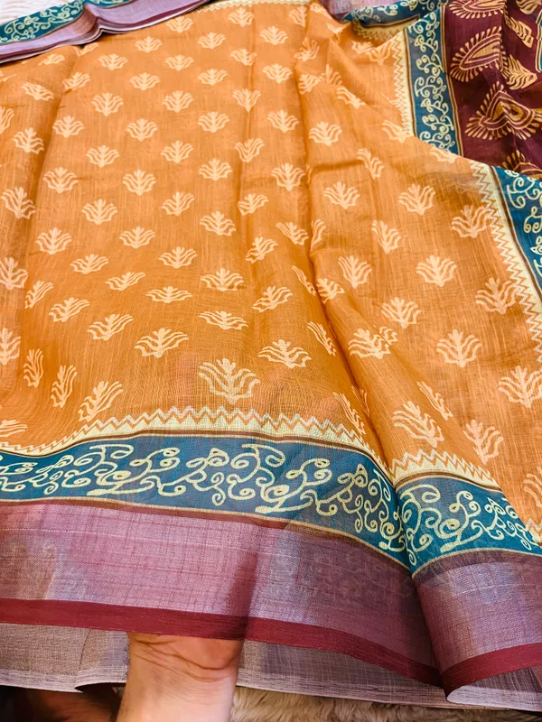 Mustard_Yellow_Banarasi_Linen_Cotton_Saree_with_Teal_&_Wine_Border