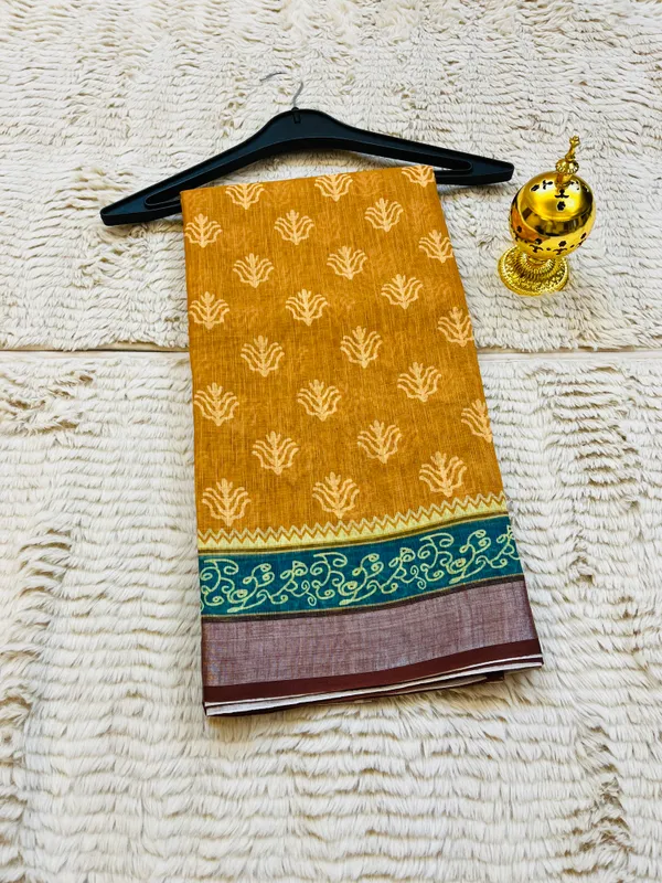 Mustard_Yellow_Banarasi_Linen_Cotton_Saree_with_Teal_&_Wine_Border