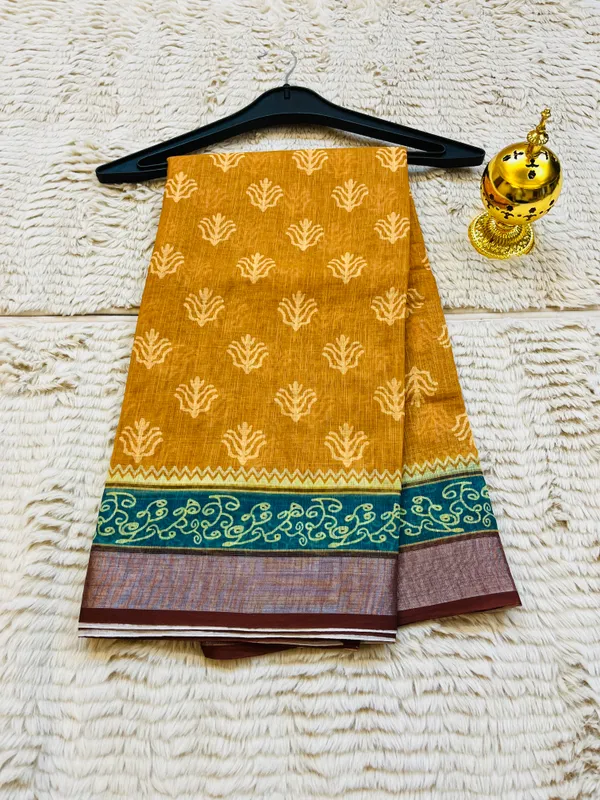 Mustard_Yellow_Banarasi_Linen_Cotton_Saree_with_Teal_&_Wine_Border