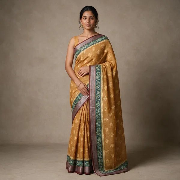 Mustard_Yellow_Banarasi_Linen_Cotton_Saree_with_Teal_&_Wine_Border