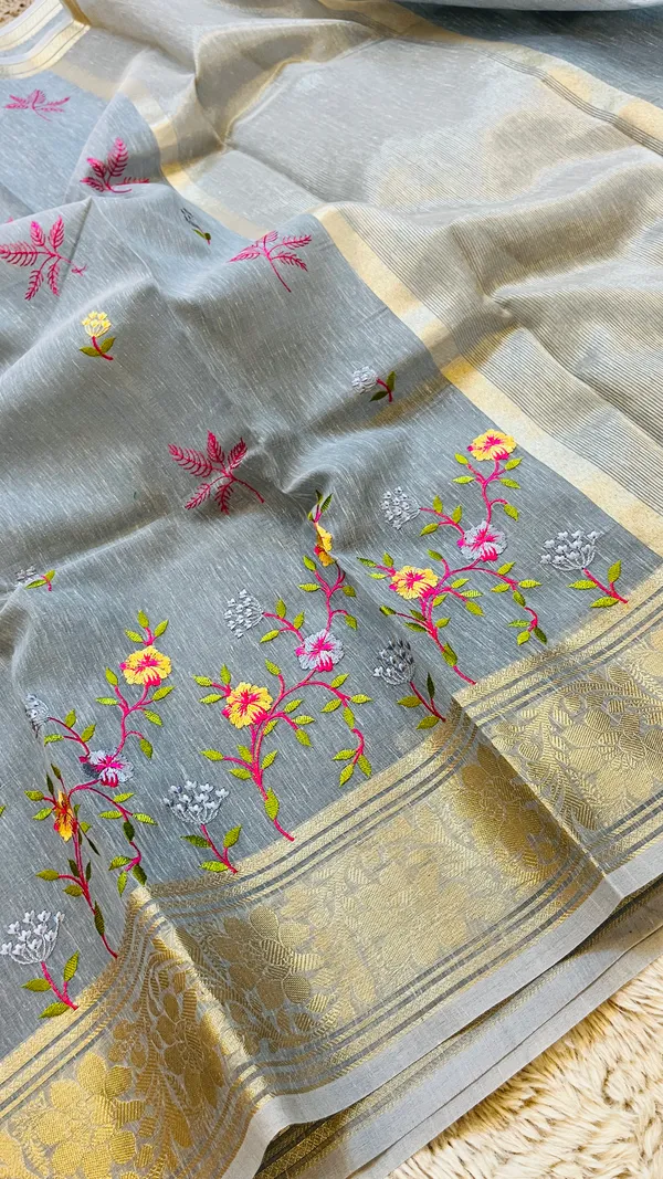 Grey_Banarasi_Linen_Cotton_Saree_with_Floral_Embroidery_&_Rich_Antique_Gold_Zari_Border