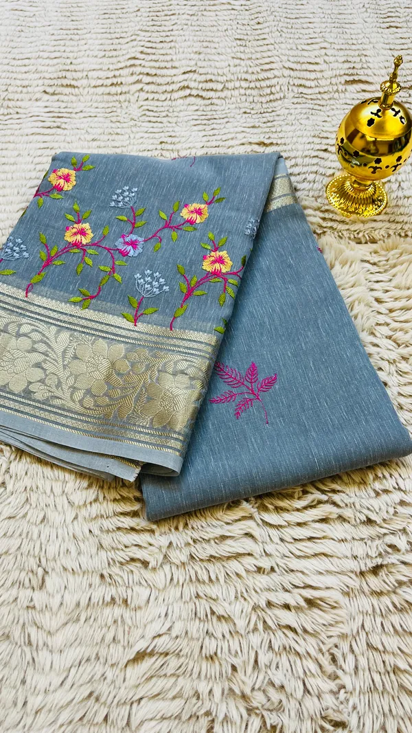 Grey_Banarasi_Linen_Cotton_Saree_with_Floral_Embroidery_&_Rich_Antique_Gold_Zari_Border