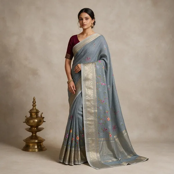 Grey_Banarasi_Linen_Cotton_Saree_with_Floral_Embroidery_&_Rich_Antique_Gold_Zari_Border