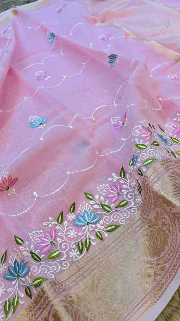 Pink_Banarasi_Linen_Cotton_Saree_with_Floral_Embroidery_&_Rich_Antique_Gold_Zari_Border