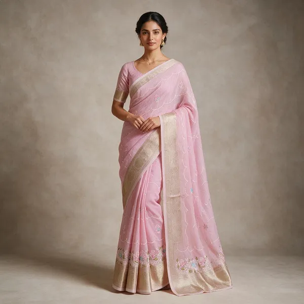 Pink_Banarasi_Linen_Cotton_Saree_with_Floral_Embroidery_&_Rich_Antique_Gold_Zari_Border