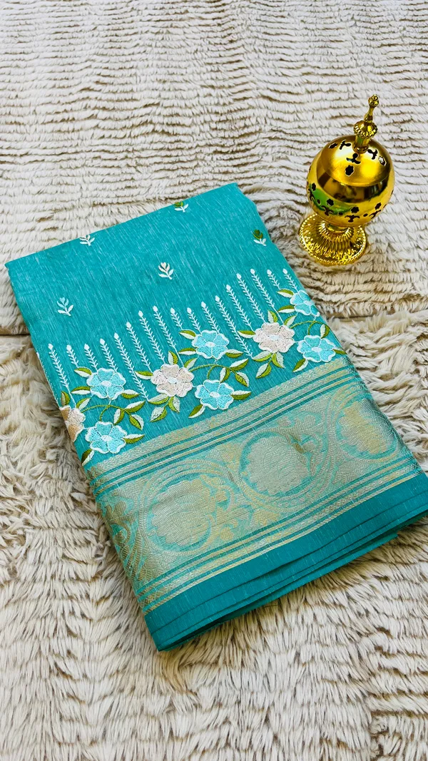 Sea_Green_Banarasi_Linen_Cotton_Saree_with_Floral_Embroidery_&_Rich_Antique_Gold_Zari_Border