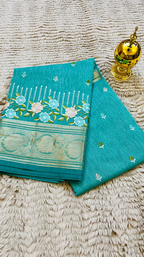 Sea_Green_Banarasi_Linen_Cotton_Saree_with_Floral_Embroidery_&_Rich_Antique_Gold_Zari_Border