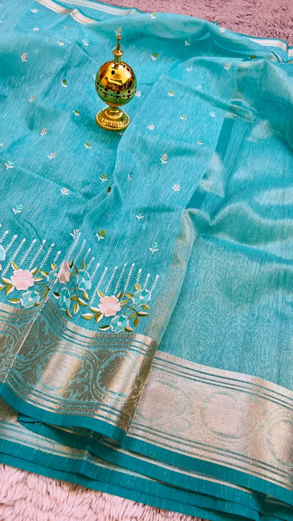 Sea_Green_Banarasi_Linen_Cotton_Saree_with_Floral_Embroidery_&_Rich_Antique_Gold_Zari_Border