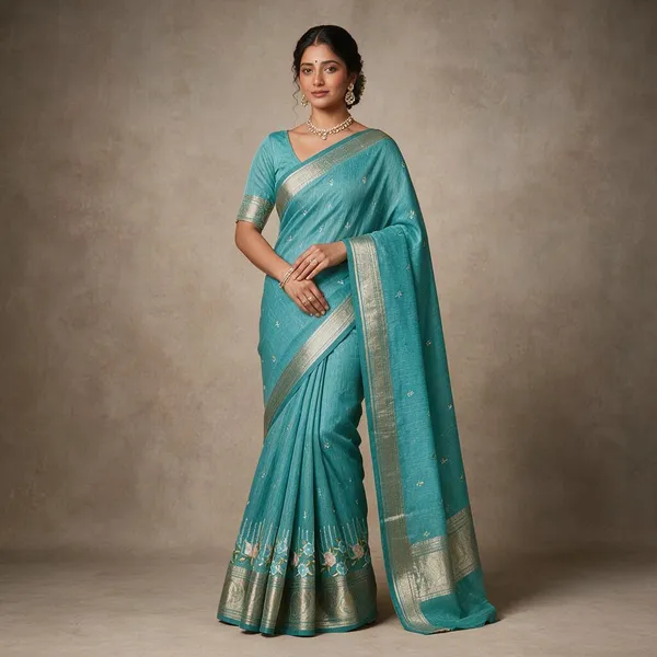 Sea_Green_Banarasi_Linen_Cotton_Saree_with_Floral_Embroidery_&_Rich_Antique_Gold_Zari_Border