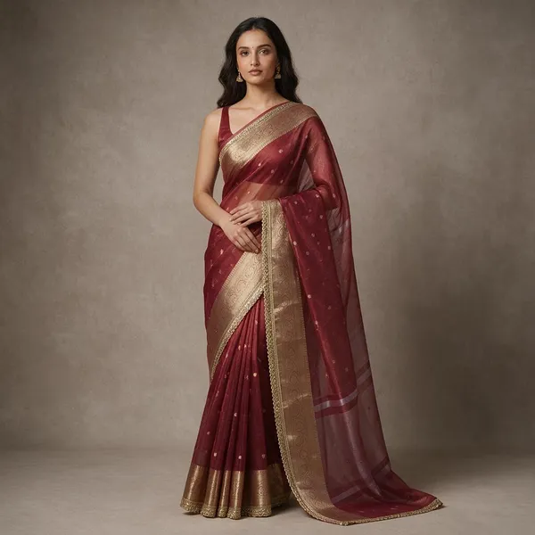 Red_Tissue_Silk_Zari_Buti_Lace_Border_Banarasi_Saree_For_Women