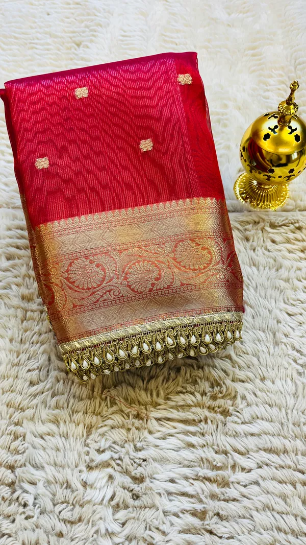 Gajri_Tissue_Silk_Zari_Buti_Lace_Border_Banarasi_Saree_For_Women